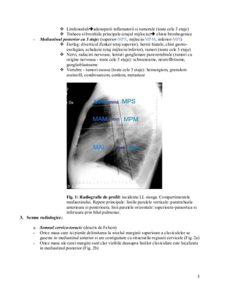  Limfonoduliadenopatii inflamatorii si tumorale (toate cele 3 etaje)
                     Traheea si bronhiile principale (etajul mijlociu) chiste bronhogenice
      -   Mediastinul posterior cu 3 etaje: (superior-MPS, mijlociu-MPM, inferior-MPI)
                     Esofag: diverticul Zenker (etaj superior), hernii hiatale, chist gastro-
                        esofagian, achalazie (etaj mijlociu/inferior), tumori (toate cele 3 etaje)
                     Nervi, radacini nervoase, lanturi ganglionare paravertebrale (tumori cu
                        origine nervoasa - toate cele 3 etaje): schwanoame, neurofibroame,
                        ganglioblastoame
                     Vertebre - tumori osoase (toate cele 3 etaje): hemangiom, granulom
                        eozinofil, condrosarcom, cordom, metastaze




                         Fig. 1: Radiografie de profil: incidenta LL stanga. Compartimentele
                         mediastinului. Repere principale: liniile paralele verticale: paratra heala
                         anterioara si posterioara; linii paralele orizontale: superioara-paraortica si
                         inferioara prin hilul pulmonar.
3. Semne radiologice:

      a. Semnul cervico-toracic (descris de Felson)
      - Orice masa care isi pierde delimitarea la nivelul marginii superioare a claviculelor se
         gaseste in mediastinul anterior si are contiguitate cu structurile regiunii cervicale (Fig. 2a)
      - Orice masa ale carei margini sunt clar vizibile deasupra liniilor claviculare este localizata
         in mediastinul posterior (Fig. 2b)




                                                                                                          5
 