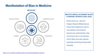 Manifestation of Bias in Medicine
BIAS IN CLINICAL AI AGAINST BLACK
& HISPANIC PATIENTS (2023–2024)
Recent work (e.g., Yale and
Rutgers–Newark affiliated teams)
shows that AI algorithms used for
risk prediction and treatment
planning can systematically under-
recommend care or mis-estimate
risk for Black and Latinx patients,
potentially worsening existing health
inequities.
EDUCATION WORKPLACE
FINANCE
HOME
MEDICINE
Haider, S. A., et al. (2024). A systematic review on AI-driven racial disparities in health care.
 