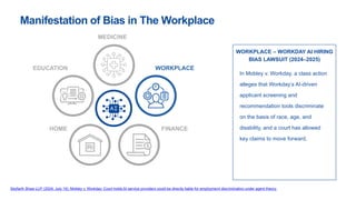 Manifestation of Bias in The Workplace
EDUCATION WORKPLACE
FINANCE
HOME
MEDICINE
WORKPLACE – WORKDAY AI HIRING
BIAS LAWSUIT (2024–2025)
In Mobley v. Workday, a class action
alleges that Workday’s AI-driven
applicant screening and
recommendation tools discriminate
on the basis of race, age, and
disability, and a court has allowed
key claims to move forward.
Seyfarth Shaw LLP. (2024, July 19). Mobley v. Workday: Court holds AI service providers could be directly liable for employment discrimination under agent theory.
 