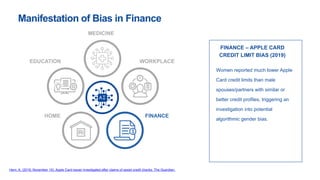 Manifestation of Bias in Finance
EDUCATION WORKPLACE
FINANCE
HOME
MEDICINE
FINANCE – APPLE CARD
CREDIT LIMIT BIAS (2019)
Women reported much lower Apple
Card credit limits than male
spouses/partners with similar or
better credit profiles, triggering an
investigation into potential
algorithmic gender bias.
Hern, A. (2019, November 10). Apple Card issuer investigated after claims of sexist credit checks. The Guardian.
 
