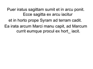 Puer iratus sagittam sumit et in arcu ponit. Ecce sagitta ex arcu iacitur  et in horto prope Syram ad terram cadit.  Ea irata arcum Marci manu capit, ad Marcum currit eumque procul ex hort_ iacit.  