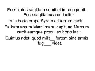 Puer iratus sagittam sumit et in arcu ponit. Ecce sagitta ex arcu iacitur  et in horto prope Syram ad terram cadit.  Ea irata arcum Marci manu capit, ad Marcum currit eumque procul ex horto iacit.  Quintus ridet, quod milit__ fortem sine armis fug___ videt. 