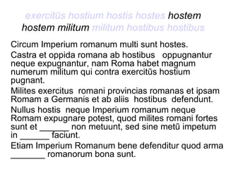 exercitūs   hostium   hostis   hostes  hostem hostem militum  militum hostibus hostibus Circum Imperium romanum multi sunt hostes.  Castra et oppida romana ab hostibus  oppugnantur neque expugnantur, nam Roma habet magnum numerum militum qui contra exercitūs hostium  pugnant.  Milites exercitus  romani provincias romanas et ipsam Romam a Germanis et ab aliis  hostibus  defendunt. Nullus hostis  neque Imperium romanum neque Romam expugnare potest, quod milites romani fortes sunt et ______ non metuunt, sed sine metū impetum in ______ faciunt.  Etiam Imperium Romanum bene defenditur quod arma _______ romanorum bona sunt. 
