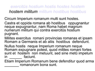 exercitūs hostium hostis hostes hostem  hostem militum  militum hostibus hostibus Circum Imperium romanum multi sunt hostes.  Castra et oppida romana ab hostibus  oppugnantur neque expugnantur, nam Roma habet magnum numerum militum qui contra exercitūs hostium  pugnant.  Milites exercitus  romani provincias romanas et ipsam Romam a Germanis et ab aliis  hostibus  defendunt. Nullus hostis  neque Imperium romanum neque Romam expugnare potest, quod milites romani fortes sunt et  hostem  non metuunt, sed sine metū impetum in  ______  faciunt.  Etiam Imperium Romanum bene defenditur quod arma _______ romanorum bona sunt. 