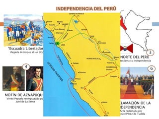 INDEPENDENCIA DEL PERÚ
                                   1                                2




 “Escuadra Libertadora”
  Llegada de tropas al sur (ICA)                                                                            3
                                       CONFERENCIA DE MIRAFLORES
                                       Expedición de Arenales (Sierra Central)       NORTE DEL PERÚ
                                                                                    proclama su independencia

              4                                          5
                                                                                                            6




MOTÍN DE AZNAPUQUIO
Virrey Pezuela reemplazado por
        José de La Serna                     CONFERENCIA DE                      PROCLAMACIÓN DE LA
                                               PUNCHAUCA                            INDEPENDENCIA
                                          Abandono de La Serna de Lima
                                                                                     Acta redactada por
                                                                                   Manuel Pérez de Tudela
 