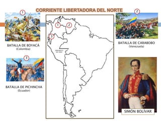 1
                  CORRIENTE LIBERTADORA DEL NORTE          2



                           1   2


                       3

                                               BATALLA DE CARABOBO
BATALLA DE BOYACÁ                                     (Venezuela)
     (Colombia)


            3




BATALLA DE PICHINCHA
      (Ecuador)




                                                    SIMÓN BOLÍVAR
 