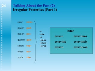 Talking About the Past (2) Irregular Preterites (Part 1) ,[object Object],[object Object],[object Object],[object Object],[object Object],[object Object],[object Object],24 -e -iste -o -imos -isteis -ieron   estar estuve estuvimos estuviste estuvisteis estuvo estuvieron 