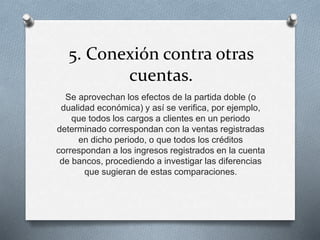 5. Conexión contra otras
cuentas.
Se aprovechan los efectos de la partida doble (o
dualidad económica) y así se verifica, por ejemplo,
que todos los cargos a clientes en un periodo
determinado correspondan con la ventas registradas
en dicho periodo, o que todos los créditos
correspondan a los ingresos registrados en la cuenta
de bancos, procediendo a investigar las diferencias
que sugieran de estas comparaciones.
 