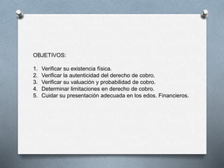 OBJETIVOS:
1. Verificar su existencia física.
2. Verificar la autenticidad del derecho de cobro.
3. Verificar su valuación y probabilidad de cobro.
4. Determinar limitaciones en derecho de cobro.
5. Cuidar su presentación adecuada en los edos. Financieros.
 