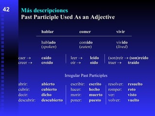 Más descripciones Past Participle Used As an Adjective ,[object Object],[object Object],[object Object],[object Object],[object Object],[object Object],[object Object],42 Irregular Past Participles 