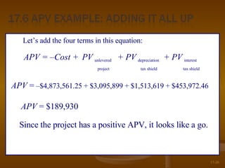 17- Since the project has a positive APV, it looks like a go. Let’s add the four terms in this equation: APV  =   –$4,873,561.25 + $3,095,899 + $1,513,619 + $453,972.46 APV  =  $189,930 + PV   depreciation tax shield + PV   interest tax shield PV   unlevered project APV = –Cost + 