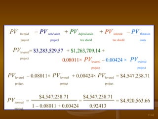 17- =  $3,283,529.57 = $4,920,563.66 +  $1,263,709.14  + 0.08011× –  0.00424 × +  PV   depreciation tax shield PV   levered project =  PV   unlevered project PV levered project PV levered project –   0.08011× + 0.00424× PV levered project PV levered project = $4,547,238.71 PV levered project $4,547,238.71 = 1 –   0.08011 + 0.00424 = $4,547,238.71 0.92413 +  PV   interest tax shield PV levered project –   PV   flotation costs PV levered project 