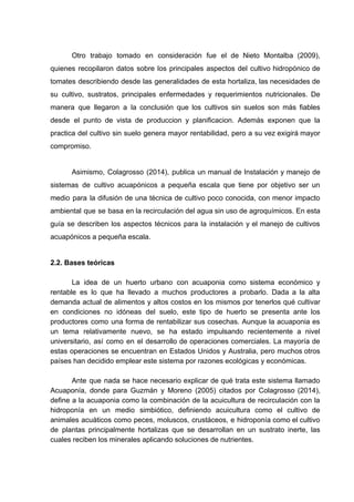 Otro trabajo tomado en consideración fue el de Nieto Montalba (2009),
quienes recopilaron datos sobre los principales aspectos del cultivo hidropónico de
tomates describiendo desde las generalidades de esta hortaliza, las necesidades de
su cultivo, sustratos, principales enfermedades y requerimientos nutricionales. De
manera que llegaron a la conclusión que los cultivos sin suelos son más fiables
desde el punto de vista de produccion y planificacion. Además exponen que la
practica del cultivo sin suelo genera mayor rentabilidad, pero a su vez exigirá mayor
compromiso.
Asimismo, Colagrosso (2014), publica un manual de Instalación y manejo de
sistemas de cultivo acuapónicos a pequeña escala que tiene por objetivo ser un
medio para la difusión de una técnica de cultivo poco conocida, con menor impacto
ambiental que se basa en la recirculación del agua sin uso de agroquímicos. En esta
guía se describen los aspectos técnicos para la instalación y el manejo de cultivos
acuapónicos a pequeña escala.
2.2. Bases teóricas
La idea de un huerto urbano con acuaponia como sistema económico y
rentable es lo que ha llevado a muchos productores a probarlo. Dada a la alta
demanda actual de alimentos y altos costos en los mismos por tenerlos qué cultivar
en condiciones no idóneas del suelo, este tipo de huerto se presenta ante los
productores como una forma de rentabilizar sus cosechas. Aunque la acuaponia es
un tema relativamente nuevo, se ha estado impulsando recientemente a nivel
universitario, así como en el desarrollo de operaciones comerciales. La mayoría de
estas operaciones se encuentran en Estados Unidos y Australia, pero muchos otros
países han decidido emplear este sistema por razones ecológicas y económicas.
Ante que nada se hace necesario explicar de qué trata este sistema llamado
Acuaponía, donde para Guzmán y Moreno (2005) citados por Colagrosso (2014),
define a la acuaponia como la combinación de la acuicultura de recirculación con la
hidroponía en un medio simbiótico, definiendo acuicultura como el cultivo de
animales acuáticos como peces, moluscos, crustáceos, e hidroponía como el cultivo
de plantas principalmente hortalizas que se desarrollan en un sustrato inerte, las
cuales reciben los minerales aplicando soluciones de nutrientes.
 