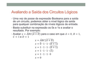 Avaliando a Saída dos Circuitos Lógicos
• Uma vez de posse da expressão Booleana para a saída
de um circuito, podemos obter o nível lógico da saída
para qualquer combinação de níveis lógicos de entrada.
• Basta substituir na expressão os 0s e 1s e avaliar o
resultado. Por exemplo:
• Avaliar = ̅ + para o caso em que = 0, = 1,
= 1 e = 1
= ̅ +
= 0 ∙ 1 ∙ 1 ∙ 0 + 1
= 1 ∙ 1 ∙ 1 ∙ 0 + 1
= 1 ∙ 1 ∙ 1 ∙ 1
= 1 ∙ 1 ∙ 1 ∙ 0
= 0
 