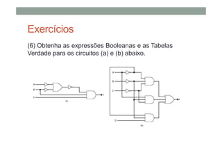 Exercícios
(6) Obtenha as expressões Booleanas e as Tabelas
Verdade para os circuitos (a) e (b) abaixo.
 