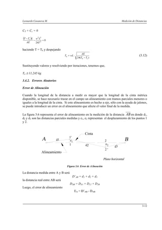 Leonardo Casanova M. Medición de Distancias
3-12
CT + Cc = 0
( ) 0
24 2
32
=−
−
T
Lw
AE
LTT c
haciendo T = Tn y despejando
)(24 cn
n
TT
AE
wLT
−
⋅= (3.12)
Sustituyendo valores y resolviendo por iteraciones, tenemos que,
Tn ≅ 11,245 kg
3.4.2. Errores Aleatorios
Error de Alineación
Cuando la longitud de la distancia a medir es mayor que la longitud de la cinta métrica
disponible, se hace necesario trazar en el campo un alineamiento con tramos parciales menores o
iguales a la longitud de la cinta. Si este alineamiento es hecho a ojo, sólo con la ayuda de jalones,
se puede introducir un error en el alineamiento que afecte el valor final de la medida.
La figura 3.6 representa el error de alineamiento en la medición de la distancia ABen donde d1,
d2 y d3 son las distancias parciales medidas y e1, e2 representan el desplazamiento de los puntos 1
y 2.
Figura 3.6 Error de A lineación
La distancia medida entre A y B será
D’AB = d1 + d2 + d3
la distancia real entre AB será
DAB = DA1 + D12 + D2B
Luego, el error de alineamiento
EA = D’AB - DAB
e
e2
1
d1
d2 d3
1'
1
2
2 '
Cinta
Alineamiento
 
