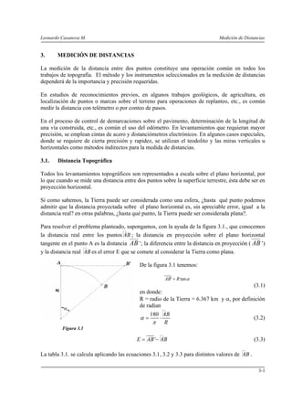 Leonardo Casanova M. Medición de Distancias
3-1
3. MEDICIÓN DE DISTANCIAS
La medición de la distancia entre dos puntos constituye una operación común en todos los
trabajos de topografía. El método y los instrumentos seleccionados en la medición de distancias
dependerá de la importancia y precisión requeridas.
En estudios de reconocimientos previos, en algunos trabajos geológicos, de agricultura, en
localización de puntos o marcas sobre el terreno para operaciones de replanteo, etc., es común
medir la distancia con telémetro o por conteo de pasos.
En el proceso de control de demarcaciones sobre el pavimento, determinación de la longitud de
una vía construida, etc., es común el uso del odómetro. En levantamientos que requieran mayor
precisión, se emplean cintas de acero y distanciómetros electrónicos. En algunos casos especiales,
donde se requiere de cierta precisión y rapidez, se utilizan el teodolito y las miras verticales u
horizontales como métodos indirectos para la medida de distancias.
3.1. Distancia Topográfica
Todos los levantamientos topográficos son representados a escala sobre el plano horizontal, por
lo que cuando se mide una distancia entre dos puntos sobre la superficie terrestre, ésta debe ser en
proyección horizontal.
Si como sabemos, la Tierra puede ser considerada como una esfera, ¿hasta qué punto podemos
admitir que la distancia proyectada sobre el plano horizontal es, sin apreciable error, igual a la
distancia real? en otras palabras, ¿hasta qué punto, la Tierra puede ser considerada plana?.
Para resolver el problema planteado, supongamos, con la ayuda de la figura 3.1., que conocemos
la distancia real entre los puntos AB ; la distancia en proyección sobre el plano horizontal
tangente en el punto A es la distancia AB’; la diferencia entre la distancia en proyección ( AB’)
y la distancia real AB es el error E que se comete al considerar la Tierra como plana.
De la figura 3.1 tenemos:
αtan' RAB =
(3.1)
en donde:
R = radio de la Tierra = 6.367 km y α, por definición
de radian
180 AB
R
α
π
= ⋅ (3.2)
'E AB AB= − (3.3)
La tabla 3.1. se calcula aplicando las ecuaciones 3.1, 3.2 y 3.3 para distintos valores de AB .
Figura 3.1
 