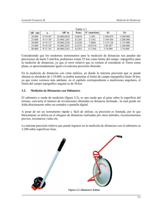 Leonardo Casanova M. Medición de Distancias
3-2
Tabla 3.1
AB (m) α AB’ m E(m) E’ (mm/km) Er Er
20.000 0°10’48” 20.000,0658 0,0658 3.289 1/304.039 1/300.000
25.000 0°13’30” 25.000,1285 0,1285 5.1392 1/194.584 1/200.000
30.000 0°16’12” 30.000,2220 0,2220 7.4004 1/135.128 1/135.000
35.000 0°18’54” 35.000,3525 0,3525 10.0718 1/99.287 1/100.000
40.000 0°21’36” 40.000,5263 0,5263 13.1564 1/76.009 1/76.000
Considerando que los modernos instrumentos para la medición de distancias nos pueden dar
precisiones de hasta 5 mm/km, podríamos tomar 25 km como límite del campo topográfico para
la medición de distancias, ya que el error relativo que se comete al considerar al Tierra como
plana, es aproximadamente igual a la máxima precisión obtenida.
En la medición de distancias con cinta métrica, en donde la máxima precisión que se puede
obtener es alrededor de 1/10.000, se podría aumentar el límite de campo topográfico hasta 30 km,
ya que como veremos más adelante, en el capítulo correspondiente a mediciones angulares, el
límite del campo topográfico angular es de 30 km.
3.2. Medición de Distancias con Odómetro
El odómetro o rueda de medición (figura 3.2), es una rueda que al girar sobre la superficie del
terreno, convierte el número de revoluciones obtenidas en distancia inclinada , la cual puede ser
leída directamente sobre un contador o pantalla digital.
A pesar de ser un instrumento rápido y fácil de utilizar, su precisión es limitada, por lo que
básicamente se utiliza en el chequeo de distancias realizadas por otros métodos, reconocimientos
previos, inventarios viales etc.
La máxima precisión relativa que puede lograrse en la medición de distancias con el odómetro es
1:200 sobre superficies lisas.
Figura 3.2. Odometros Sokkia
 