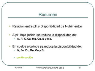 Resumen Relación entre pH y Disponibilidad de Nutrimentos A pH bajo (ácido)  se reduce la disponilidad  de: N, P, K, Ca, Mg, Cu, B y Mo. En suelos alcalinos  se reduce la disponibilidad  de: N, Fe, Zn, Mn, Cu y B continuación 