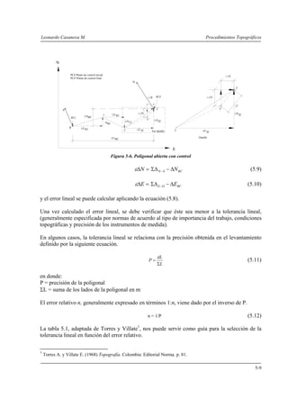 Leonardo Casanova M.                                                                                                  Procedimientos Topográficos




          N

                  PCI=Punto de control inicial                                                                                       E
                  PCF=Punto de control final
                                                                              D

                                                                                                                                         C


                                                                                               E   PCF                      N




                                                                                                                                         L
              A                                                                                    C                            C'

                                                            E B1                     N                                                   N2C
                               N BC              1
                  PCI                                                                     C'
                                                                       N 12                        N 2C
                                                     N B1
                  B         E B1
                                                                   2               E 2C                      2       E 2C
                                                                                               Ver detalle

                                                            E BC                                                 Detalle



                                                                                                             E
                                                        Figura 5-6. Poligonal abierta con control

                                                                              εΔN = ΣΔ N − S − ΔN BC                                            (5.9)

                                                                                  εΔE = ΣΔ E −O − ΔEBC                                         (5.10)

y el error lineal se puede calcular aplicando la ecuación (5.8).

Una vez calculado el error lineal, se debe verificar que éste sea menor a la tolerancia lineal,
(generalmente especificada por normas de acuerdo al tipo de importancia del trabajo, condiciones
topográficas y precisión de los instrumentos de medida).

En algunos casos, la tolerancia lineal se relaciona con la precisión obtenida en el levantamiento
definido por la siguiente ecuación.

                                                                                                   εL
                                                                                           P=                                                  (5.11)
                                                                                                   ΣL

en donde:
P = precisión de la poligonal
ΣL = suma de los lados de la poligonal en m

El error relativo n, generalmente expresado en términos 1:n, viene dado por el inverso de P.

                                                                                          n = 1/P                                              (5.12)

La tabla 5.1, adaptada de Torres y Villate1, nos puede servir como guía para la selección de la
tolerancia lineal en función del error relativo.

1
    Torres A. y Villate E. (1968) Topografía. Colombia: Editorial Norma. p. 81.

                                                                                                                                                  5-9
 