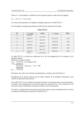 Leonardo Casanova M. Procedimientos Topográficos
5-13
Como εa < Ta procedemos a distribuir el error en partes iguales a cada uno de los ángulos.
Ca = -(10”)/5 = 2” por vértice
Las correcciones parciales y los ángulos corregidos aparecen en la tabla TE5.2-1.
Con los ángulos corregidos procedemos al cálculo de los acimutes de los lados.
Tabla TE5.2.2
Est. ∠ Corregido Acimut ∠ + Acimut Signo
A 86º56’22”
113º13’24”
B 162º00’12” 275º13’26” > 180º
95º13’36”
C 119º25’16” 214º38’52” > 180º
34º38’52”
D 74º49’36” 109º28’28” < 180º
289º28’28”
E 96º48’34” 386º28’39” > 180º
206º17’02”
A 86º56’22” 293º25’01” >180º
Control → 113º13’24”
La tabla TE5.2.2 se calcula por aplicación de la ley de propagación de los acimutes, de la
siguiente manera:
Sumamos el acimut conocido
ϕAB = 113º13’24” con el ángulo en B
∠ B = 162º00’12”
275º13’26” Como ϕAB + ∠ B > 180º
-180º00’00”
ϕBC = 95º13’36”
Colocamos este valor en la columna correspondiente a acimutes entre las filas B y C.
Procedemos de la misma manera para los lados restantes de la poligonal incluyendo, como
control, el cálculo del acimut inicial.
En la tabla TE5.2.2 se ha incluido, de manera ilustrativa, una columna para la suma del ángulo y
el acimut y una columna para el control del signo de la ecuación (5.5). Estas columnas no son
necesarias ya que comúnmente estos pasos se hacen en una sola operación.
El cálculo y compensación de las proyecciones de los lados y de las coordenadas de los vértices
se realiza en la forma que se muestra en la tabla TE5.2.3.
 