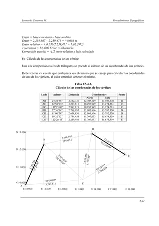 Leonardo Casanova M. Procedimientos Topográficos
5-24
Error = base calculada – base medida
Error = 2.239,507 – 2.239,471 = +0,036 m
Error relativo = + 0,036/2.239,471 = 1:62.207,5
Tolerancia = 1/5.000 Error < tolerancia
Corrección parcial = -1/2 error relativo x lado calculado
b) Cálculo de las coordenadas de los vértices
Una vez compensada la red de triángulos se procede al cálculo de las coordenadas de sus vértices.
Debe tenerse en cuenta que cualquiera sea el camino que se escoja para calcular las coordenadas
de uno de los vértices, el valor obtenido debe ser el mismo.
Tabla E5.4.2.
Cálculo de las coordenadas de los vértices
CoordenadasLado Acimut Distancia
Norte Este
Punto
AB 24º28’36” 2.532,736 12.305,119 11.049,370 B
AC 84º50’072 3.287,611 10.295,949 13.274,263 C
BC 132º05’00” 2.997,819 10.295,949 13.274,263 C
BD 77º36’14” 2.798,195 12.905.806 13.782,330 D
CD 11º00’58” 2.658,850 12.905,806 13.782,330 D
CE 59º32’12” 2.784,459 11.707,633 15.674,339 E
DE 122º20’43” 2.239,489 11.707,633 15.674,339 E
E 13.000
24°28'36"
E 10.000
N 10.000
A
E 12.000E 11.000
84°50'07"
3.287,611
N 11.000
2.532,756
N 12.000
N 13.000
2.798,195
132°05'00"
2.997,819
B
77°36'14"
2.784,459
E 14.000
C
E 15.000
59°32'11"
122°20'43"
2.239,471
11°00'58"
2.658,850
D
E
E 16.000
 