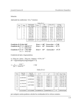 Leonardo Casanova M. Procedimientos Topográficos
5-28
Solución:
Aplicando las condiciones 5,6 y 7 tenemos:
Tabla E5.4.1
Est. Ang.
Horizontal
com. Vértice
Corr .
(5)
∠ correg.
(6) y (7) Correg.
(6) y (7)
A 1
2
3
4
5
6
7
8
32º22’09”
27º59’23”
72º23’36”
54º28’48”
25º08’17”
41º27’02”
58º56’00”
47º14’53”
-1”
-1”
-1”
-1”
-1”
-1”
-1”
-1”
32º22’08”
27º59’22”
72º23’35”
54º28’47”
25º08’16”
41º27’01”
58º55’59”
47º14’52”
+0.75”
+0.75”
+0.75”
-0.75”
-0.75”
-0.75”
-0.75”
+0.75”
32º22’08”,75
27º59’22”,75
72º23’35”,75
54º28’46”,25
25º08’15”,25
41º27’00”,25
58º55’58”,25
47º14’52”,75
360º00’08” -8” 360º00’00” 0” 360º00’00”
Condición (5) Σ∠int=360º Error = + 08” Corrección = -1”,00
Condición (6) 2 + 3 = 100º22’57” Error = 03” Corrección = 0”,75
6 + 7 = 100º23’00”
Condición (7) 1+ 8 = 79º37’00” Error = 03” Corrección = 0”,75
4+ 5 = 79º37’03”
Condición de lado o trigonométrica
w =Σlog sen ∠pares – Σlog sen ∠impares = 9.39 x 10 6−
d1”= log[sen(ángulo)]-log[sen(águlo+1”)]
( ) 11
6
2
064878,6
39,9
−
−
=
∑
=
E
E
d
w
k v=kd
Tabla E5.4.2
Vert.
Log sen
∠ pares
Log sen
∠ impares
d 1” d
2
v = kd Ang. Comp.
1
2
3
4
5
6
7
8
0,32853825
0,08942477
0,17916358
0,13412727
0,27134489
0,02083642
0,37182252
0,06724065
3,3217 E-6
3,9616 E-6
0,6682 E-6
1,5029 E-6
4,4871 E-6
2,3840 E-6
1,2685 E-6
1,9464 E-6
1.1034 E-11
1.5694 E-11
4.4646 E-13
2.2589 E-12
2.0134 E-11
5.6835 E-12
1.6090 E-12
3.7886 E-12
0,51”
-0,61”
0,10”
-0,23”
0,69”
-0,37”
0,20”
-0,30”
32º22’09”,26
27º59’22”,14
72º23’35”,85
54º28’46”,02
25º08’15”,94
41º26’59”,88
58º55’58”,45
47º14’52”,45
Σ 0,73125387 0,73124448 19,540508 E-6 6,06487881E-11 0” 359º59’59,99
por cualquier camino podemos calcular las coordenadas de los vértices restantes .
 