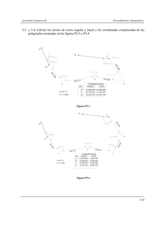 Leonardo Casanova M. Procedimientos Topográficos
5-30
5.3. y 5.4. Calcule los errores de cierre angular y lineal y las coordenadas compensadas de las
poligonales mostradas en las figuras P5-3 y P5-4
Figura P5-3
Figura P5-4
452,294
A
B
C
D
Tl= 1/10.000
Ta=20" N C 10.136,162 11.276,122
D 10.203.232 10.630.338
B 10.000,000 10.000,000
1
2
3
695,213
637,661
582,598
Pto. NORTE ESTE
COORDENADAS
452,294
A
B
C
D
Tl= 1/10.000
Ta=20" N
C 10.496,169 11.490,106
D 10.563,239 10.844,322
B 10.000,000 10.000,000
1
2
3
695,213
637,661
A 10.359,028 9.842,797
4
418,652
Pto. NORTE ESTE
COORDENADAS
582,598
 