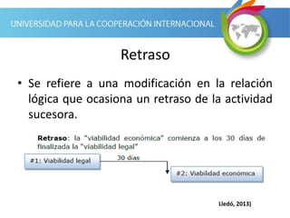 Retraso
• Se refiere a una modificación en la relación
lógica que ocasiona un retraso de la actividad
sucesora.
Lledó, 2013)
 