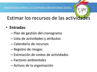 Estimar los recursos de las actividades
• Entradas:
– Plan de gestión del cronograma
– Lista de actividades y atributos
– Calendario de recursos
– Registro de riesgos
– Estimación de costos de actividades
– Factores ambientales
– Activos de la organización
 
