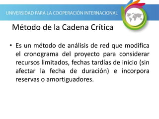 Método de la Cadena Crítica
• Es un método de análisis de red que modifica
el cronograma del proyecto para considerar
recursos limitados, fechas tardías de inicio (sin
afectar la fecha de duración) e incorpora
reservas o amortiguadores.
 