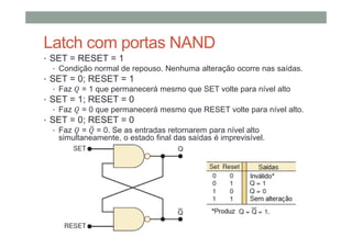 Latch com portas NAND
• SET = RESET = 1
• Condição normal de repouso. Nenhuma alteração ocorre nas saídas.
• SET = 0; RESET = 1
• Faz = 1 que permanecerá mesmo que SET volte para nível alto
• SET = 1; RESET = 0
• Faz = 0 que permanecerá mesmo que RESET volte para nível alto.
• SET = 0; RESET = 0
• Faz = = 0. Se as entradas retornarem para nível alto
simultaneamente, o estado final das saídas é imprevisível.
 