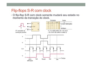Flip-flops S-R com clock
• O flip-flop S-R com clock somente mudará seu estado no
momento da transição do clock.
 