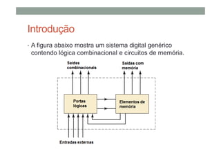 Introdução
• A figura abaixo mostra um sistema digital genérico
contendo lógica combinacional e circuitos de memória.
 