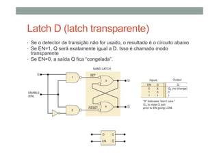 Latch D (latch transparente)
• Se o detector de transição não for usado, o resultado é o circuito abaixo
• Se EN=1, Q será exatamente igual a D. Isso é chamado modo
transparente
• Se EN=0, a saída Q fica “congelada”.
 