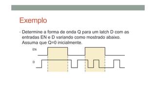 Exemplo
• Determine a forma de onda Q para um latch D com as
entradas EN e D variando como mostrado abaixo.
Assuma que Q=0 inicialmente.
 