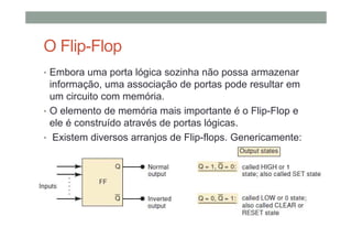 O Flip-Flop
• Embora uma porta lógica sozinha não possa armazenar
informação, uma associação de portas pode resultar em
um circuito com memória.
• O elemento de memória mais importante é o Flip-Flop e
ele é construído através de portas lógicas.
• Existem diversos arranjos de Flip-flops. Genericamente:
 