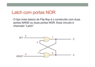 Latch com portas NOR
• O tipo mais básico de Flip-flop é o construído com duas
portas NAND ou duas portas NOR. Esse circuito é
chamado “Latch”
SET
RESET
1
0
0
0 1
1
0
1
0
0
1
1
0
 