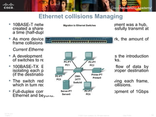 Ethernet collisions Managing 10BASE-T networks, central point of the network segment was a hub,  created a shared media only one station could successfully transmit at a time (half-duplex). As more devices were added to an Ethernet network, the amount of frame collisions increased. Current Ethernet A development that enhanced LAN performance was the introduction of switches to replace hubs in Ethernet-based networks.  100BASE-TX Ethernet, switches can control the flow of data by isolating each port and sending a frame only to its proper destination (if the destination is known) . The switch reduces the number of devices receiving each frame, which in turn reduces or minimizes the possibility of collisions.  Full-duplex communications has enabled the development of 1Gbps Ethernet and beyond. 