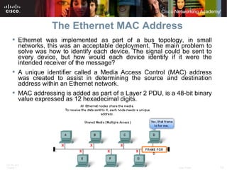 The Ethernet MAC Address Ethernet was implemented as part of a bus topology, in small networks, this was an acceptable deployment. The main problem to solve was how to identify each device. The signal could be sent to every device, but how would each device identify if it were the intended receiver of the message?  A unique identifier called a Media Access Control (MAC) address was created to assist in determining the source and destination address within an Ethernet network.  MAC addressing is added as part of a Layer 2 PDU, is a 48-bit binary value expressed as 12 hexadecimal digits. 
