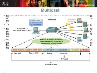 Multicast Multicast addresses allow a source device to send a packet to a group of devices, devices that belong to a multicast group are assigned a multicast group IP address.  The range of multicast addresses is from 224.0.0.0 to 239.255.255.255. Multicast addresses would be used are in remote gaming, where many players are connected remotely but playing the same game, and distance learning through video conferencing, where many students are connected to the same class.  The multicast IP address requires a corresponding multicast MAC address to actually deliver frames on a local network. The multicast MAC address is a special value that begins with 01-00-5E in hexadecimal..  