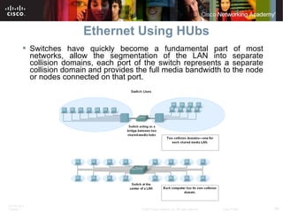 Ethernet Using HUbs Switches have quickly become a fundamental part of most networks, allow the segmentation of the LAN into separate collision domains, each port of the switch represents a separate collision domain and provides the full media bandwidth to the node or nodes connected on that port.  