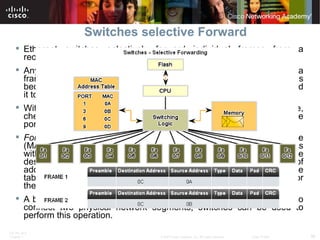 Switches selective Forward Ethernet switches selectively forward individual frames from a receiving port to the port where the destination node is connected.  Any node operating in full-duplex mode can transmit anytime it has a frame, without regard to the availability of the receiving node. This is because a LAN switch will buffer an incoming frame and then forward it to the proper port (store and forward). With store and forward switching, the switch receives the entire frame, checks the FSC for errors, and forwards the frame to the appropriate port for the destination node.  Forwarding is Based on the Destination MAC:  switch maintains a table (MAC table or switch table), that matches a destination MAC address with the port used to connect to a node. For each incoming frame, the destination MAC address in the frame header is compared to the list of addresses in the MAC table. If a match is found, the port number in the table that is paired with the MAC address is used as the exit port for the frame. A bridge is a device used more commonly in the early days of LAN to connect two physical network segments, switches can be used to perform this operation.  