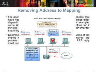 Removing Address to Mapping  For each device, an ARP cache timer removes ARP entries that have not been used for a specified period of time. The times differ depending on the device and its operating system. For example, some Windows operating systems store ARP cache entries for 2 minutes. If the entry is used again during that time, the ARP timer for that entry is extended to 10 minutes. Commands may also be used to manually remove all or some of the entries in the ARP table. After an entry has been removed, the process for sending an ARP request and receiving an ARP reply must occur again to enter the map in the ARP table. 