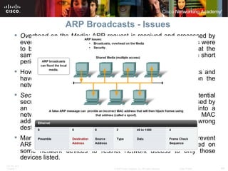 ARP Broadcasts - Issues Overhead on the Media:  ARP request is received and processed by every  device on the local network, if a large number of devices were to be powered up and all start accessing network services at the same time, there could be some reduction in performance for a short period of time.  However, after the devices send out the initial ARP broadcasts and have learned the necessary MAC addresses, any impact on the network will be minimized. Security: i n some cases, the use of ARP can lead to a potential security risk, ARP spoofing or ARP poisoning, is a technique used by an attacker to inject the wrong MAC address association into a network by issuing ARP requests. An attacker forges the MAC address of a device and then frames can be sent to the wrong destination. Manually configuring static ARP associations is one way to prevent ARP spoofing. Authorized MAC addresses can be configured on some network devices to restrict network access to only those devices listed. 
