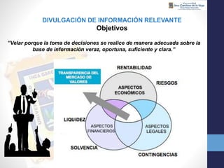 DIVULGACIÓN DE INFORMACIÓN RELEVANTE
Objetivos
“Velar porque la toma de decisiones se realice de manera adecuada sobre la
base de información veraz, oportuna, suficiente y clara.”
kkk
k
 