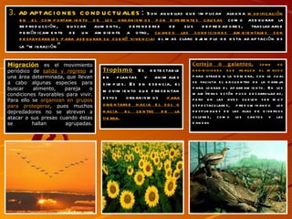 3.  ADAPTACIONES CONDUCTUALES :  Son aquellas que implican  alguna  modificación en el comportamiento de los organismos por diferentes causas  como asegurar la reproducción, buscar alimento, defenderse de sus depredadores, trasladarse periódicamente de un ambiente a otro,  cuando las condiciones ambientales son desfavorables para asegurar su sobré vivencia : el mas claro ejemplo de esta adaptación es la "migración " Migración   es el movimiento periódico de  salida y regreso  a una área determinada, que llevan a cabo algunas especies para buscar alimento, pareja o condiciones favorables para vivir. Para ello se  organizan en grupos   para protegerse , pues muchos depredadores no se atreven a atacar a sus presas cuando éstas se hallan agrupadas. Cortejo o galanteo ,  serie de exhibiciones que realiza el macho  para atraer a la hembra, con lo cual se facilita el encuentro de la pareja para lograr el apareamiento. En los mamíferos están poco desarrolladas, pero en las aves suelen ser muy espectaculares, predominando los despliegues de las alas de diversos colores, como los cantos y las danzas Tropismo   Es detectable en plantas y animales simples. Es en esencia, el movimiento que presentan estos organismos  para orientarse hacia el sol o hacia el centro de la tierra .   