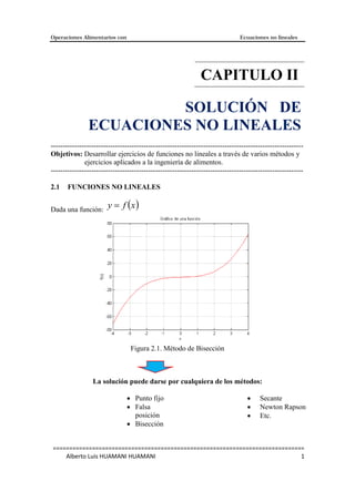 Operaciones Alimentarios con Ecuaciones no lineales
=============================================================================
Alberto Luis HUAMANI HUAMANI 1
CAPITULO II
SOLUCIÓN DE
ECUACIONES NO LINEALES
----------------------------------------------------------------------------------------------------------
Objetivos: Desarrollar ejercicios de funciones no lineales a través de varios métodos y
ejercicios aplicados a la ingeniería de alimentos.
----------------------------------------------------------------------------------------------------------
2.1 FUNCIONES NO LINEALES
Dada una función:
 xfy 
Figura 2.1. Método de Bisección
La solución puede darse por cualquiera de los métodos:
• Punto fijo
• Falsa
posición
• Bisección
• Secante
• Newton Rapson
• Etc.
 
