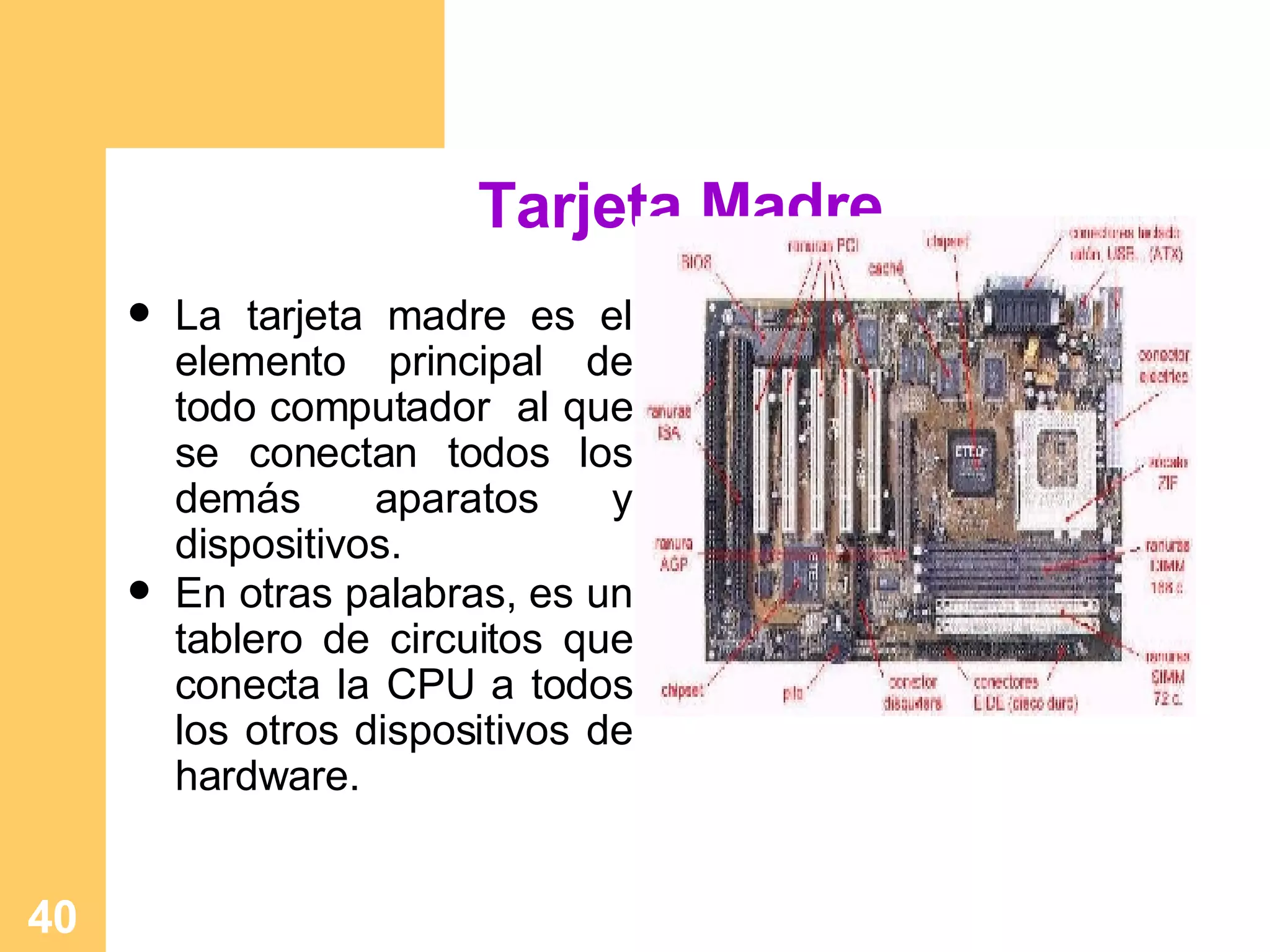 Tarjeta Madre La tarjeta madre es el elemento principal de todo computador  al que se conectan todos los demás aparatos y dispositivos.  En otras palabras, es un tablero de circuitos que conecta la CPU a todos los otros dispositivos de hardware. 