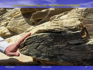 según el plano Axial Pliegue tipo: RECUMBENTE o ACOSTADOS
06/04/2024 GEOLOGIA 37
 
